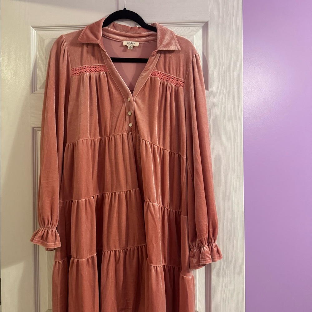 Pink velvet long sleeve dress NWOT